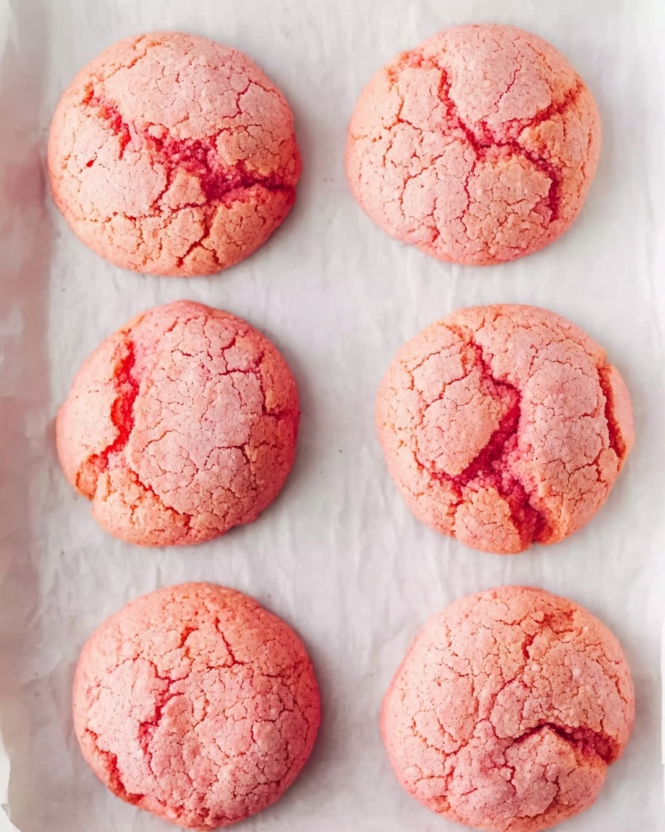 The image shows six round pink cookies with a cracked texture on top, laid out in two columns of three on a sheet of white parchment paper. Each cookie has areas of darker pink or red cracks that spread unevenly across the surface. The cookies are evenly spaced and appear soft with a slightly rough and crumbly look. The background is a white marbled surface. photo taken with an iphone --ar 4:5 --v 7