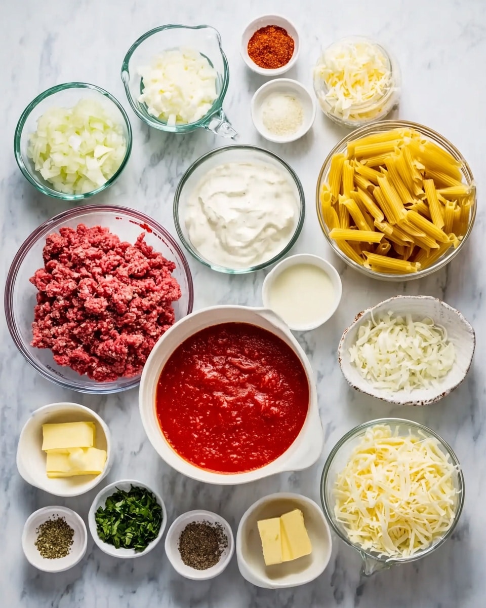The image shows many clear and white bowls and a white measuring cup arranged on a white marbled surface. There is a bowl with raw red ground meat, a large bowl with red tomato sauce in the center, a bowl filled with yellow pasta on the right side, and a bowl with shredded white cheese near it. Other smaller bowls contain chopped white onions, green leaves, yellow butter cubes, white cream, seasonings like black pepper and red spice, some whitish garlic pieces, and grated light yellow cheese. The bowls are spread out in an organized way with each ingredient clearly visible. Photo taken with an iphone --ar 4:5 --v 7