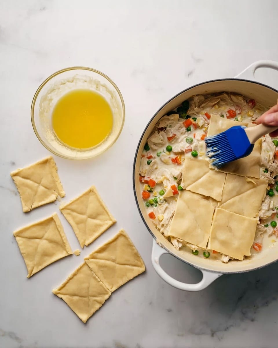 A white pot filled with a thick creamy mixture of white sauce, small green peas, and pieces of light-colored chicken and orange carrot bits is topped with uneven square layers of light yellow dough partially covering the surface. Next to the pot on a white marbled surface are three more dough squares, with one being held by a woman's hand that is brushing egg wash over it with a blue silicone brush resting in a clear bowl filled with yellow egg wash liquid. photo taken with an iphone --ar 4:5 --v 7