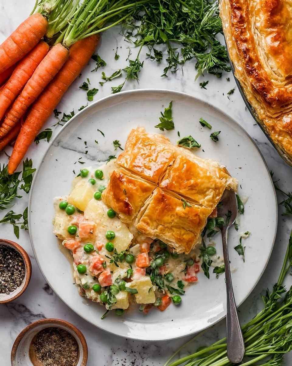 A white plate holds a square piece of golden-brown pie with a slightly shiny top crust, divided into four smaller sections by shallow cuts. The crust looks flaky with a light crisp texture. Next to the pie on the plate is a creamy mixture filled with small green peas, chunks of light yellow potatoes, and small orange carrot pieces mixed in a white sauce. Fresh green herbs are scattered around the plate's edge. A silver fork rests on the plate, with its tines touching the creamy vegetable mixture. The plate sits on a white marbled surface surrounded by fresh whole carrots with green stalks, sprigs of green herbs, and small round bowls of black pepper and coarse salt. Photo taken with an iphone --ar 4:5 --v 7