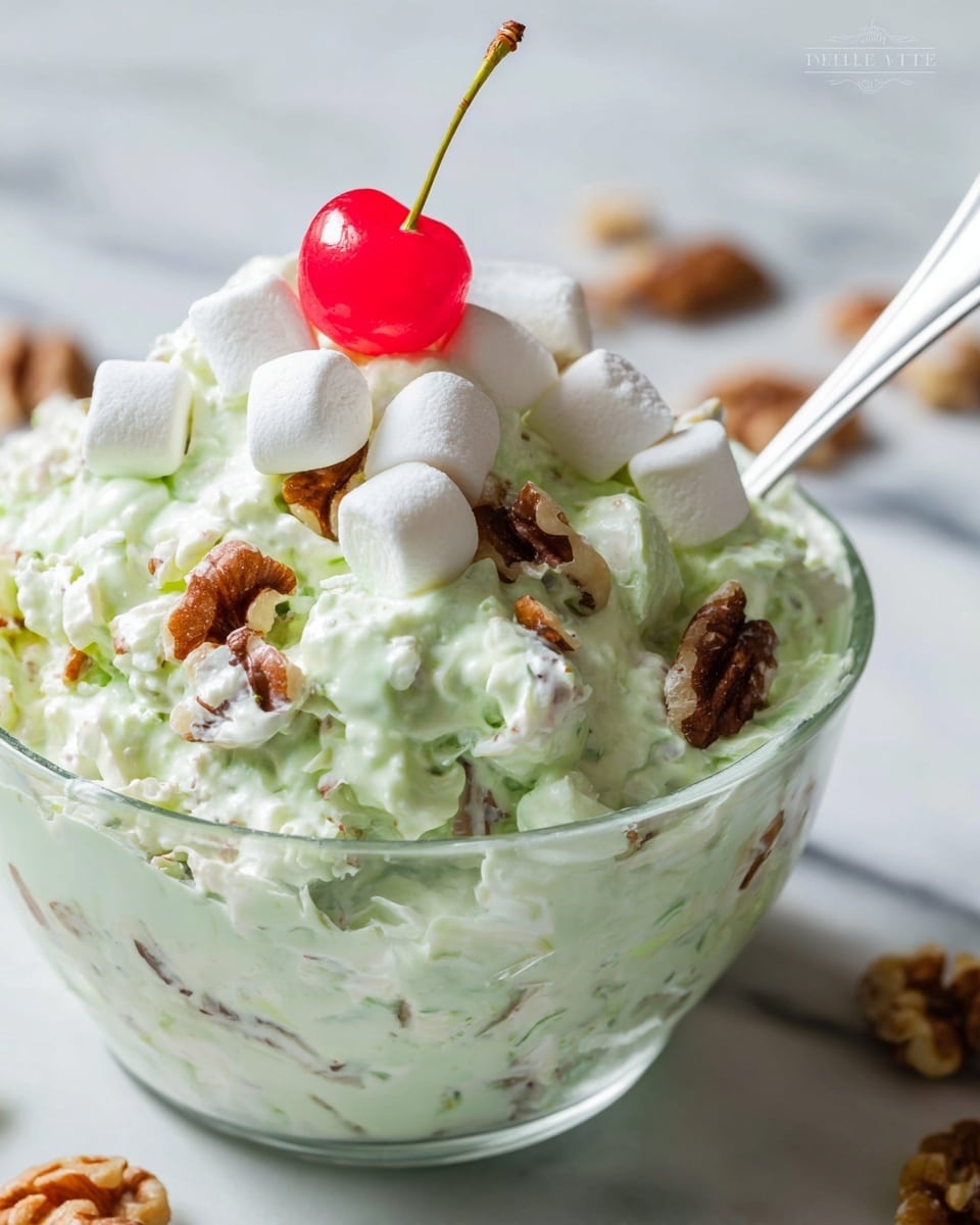 A clear glass bowl filled with a fluffy, pale green creamy salad that has a smooth and slightly chunky texture. On top, there are several small white marshmallows scattered along with medium brown walnut pieces adding a crunchy texture. At the very top, a single bright red cherry with its stem stands out against the light colors of the salad. A silver spoon is partly inside the bowl on the right side. The bowl is placed on a white marbled surface with some walnut pieces visible around it. Photo taken with an iphone --ar 4:5 --v 7