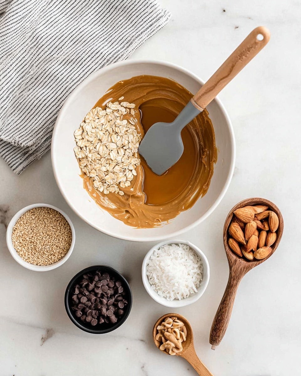 A white bowl sits on a white marbled surface, filled with a thick light brown layer of peanut butter next to a glossy golden layer of honey, with a gray spatula resting in the bowl and partially covered in peanut butter. Around the bowl are five measuring cups with different ingredients: a black ¼ cup with rolled oats, a white small bowl with white coconut flakes, a black ½ cup filled with a brown granular ingredient, a wooden ½ cup measuring spoon full of dark brown chocolate chips, and a wooden ⅓ cup measuring spoon holding light brown sliced almonds. A soft gray and white striped cloth is placed in the top left corner of the image. Photo taken with an iphone --ar 4:5 --v 7