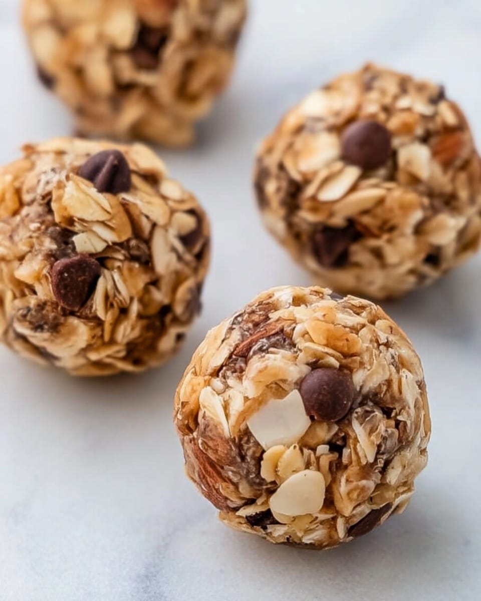 The image shows four small snack balls placed on a white marbled surface. Each ball has a rough texture and is made up of several visible layers: toasted oat flakes in light tan, small dark brown chocolate chips, and thin light beige almond slices mixed with a sticky darker brown binder holding everything together. The snack balls appear dense and chunky with a natural, homemade look. Photo taken with an iphone --ar 4:5 --v 7