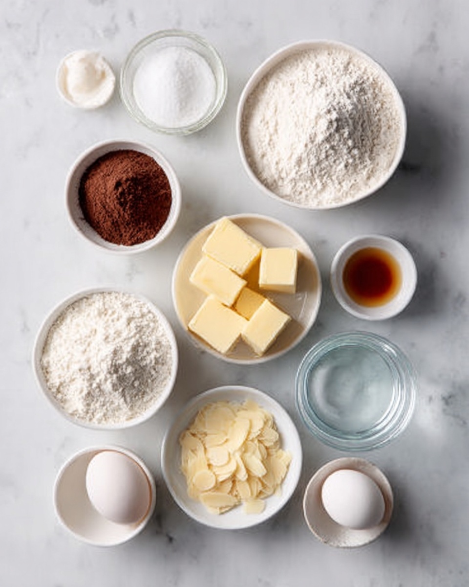 The image shows a white marbled surface with various baking ingredients arranged neatly. There are three white bowls filled with flour, sugar, and milk, alongside a small white dish holding cocoa powder, a white bowl with three rectangular blocks of butter, and a small white dish with vanilla extract. Two white eggs, a small white bowl of salt, a clear glass of water, and a white bowl containing thin almond slices are also visible. All items are spaced evenly, creating a clean and organized look. photo taken with an iphone --ar 4:5 --v 7