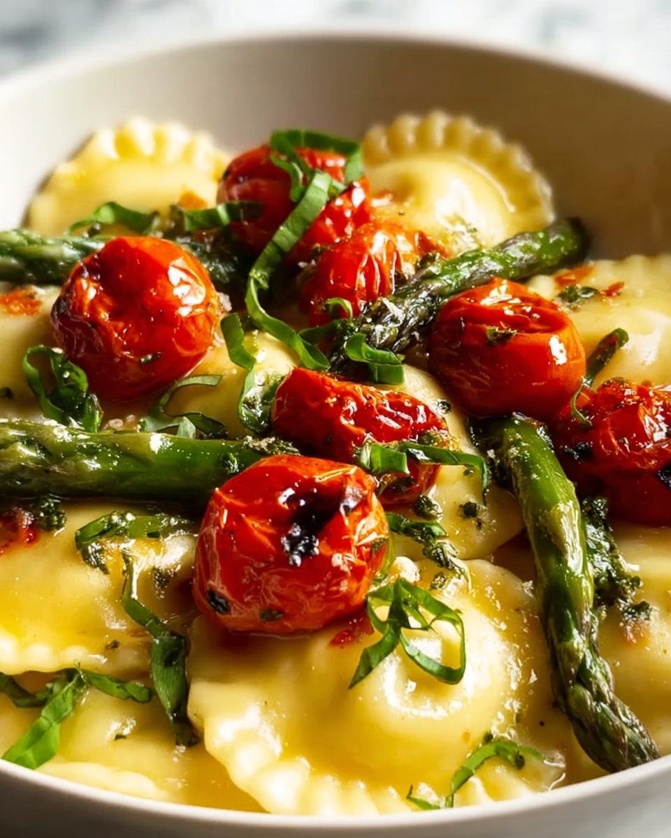 A close-up view of a white bowl filled with a single layer of round ravioli pasta with light yellow, smooth, and slightly shiny texture. On top, bright red roasted cherry tomatoes with wrinkled skin are scattered, accompanied by green asparagus stalks placed diagonally. Fresh green chopped herbs are sprinkled over the dish, adding a touch of freshness. All ingredients look glossy, likely from a light sauce coating. The bowl sits on a white marbled surface. Photo taken with an iphone --ar 4:5 --v 7