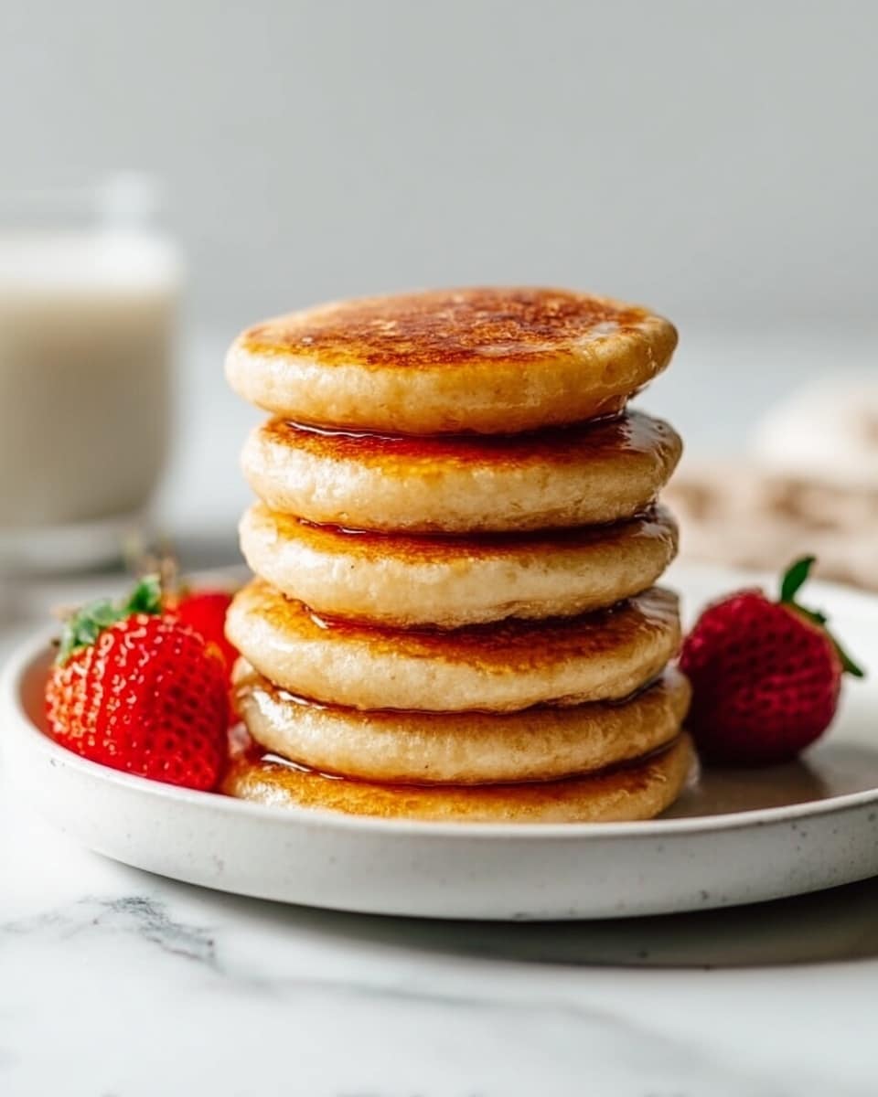 A stack of six golden brown pancakes with a smooth, slightly shiny texture from syrup sits in the middle of a white plate. Two bright red strawberries with green tops are placed on either side near the base of the pancake stack. The plate rests on a white marbled surface, and a blurred glass of milk is visible in the background on the left. The lighting is soft and natural, highlighting the warm tones of the pancakes. photo taken with an iphone --ar 4:5 --v 7