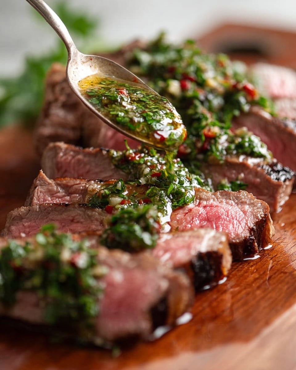 Thin slices of pink cooked meat are arranged on a wooden board, showing a slight char on the edges with a tender and juicy center. On top of each slice is a layer of green sauce made with chopped herbs and small red pieces, giving a fresh and oily texture. A spoon is shown, held by a woman's hand, drizzling more of the green sauce over the meat. The background has a soft white marbled texture. photo taken with an iphone --ar 4:5 --v 7