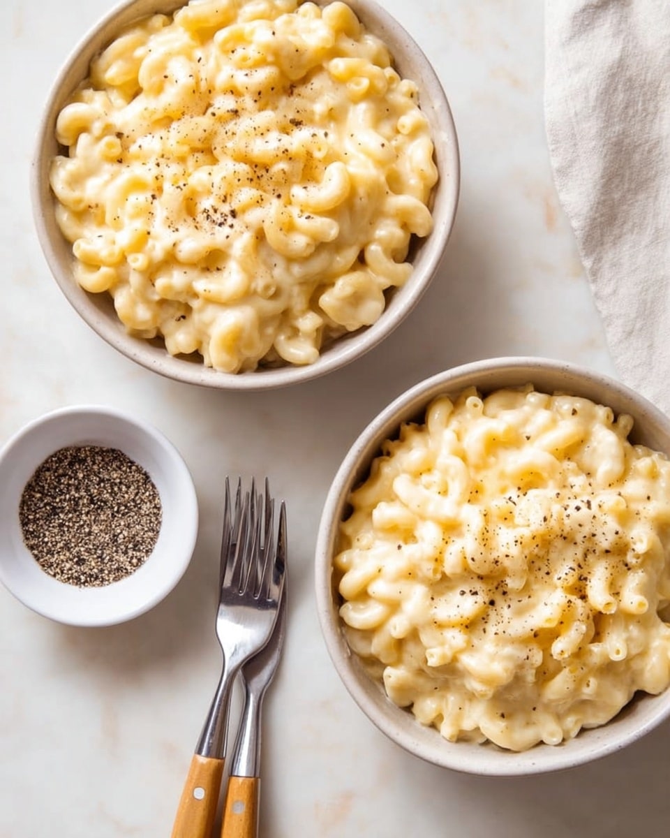 Two bowls filled with creamy macaroni and cheese sit on a white marbled surface. Each bowl contains pale yellow, soft macaroni pasta coated evenly in smooth, melted cheese sauce. The top of the cheese pasta has a sprinkle of black pepper, adding small dark specks on the creamy surface. Next to one bowl, there is a small white bowl filled with ground black pepper. Two forks with silver heads and light wooden handles are placed near the bowls. The overall look is simple and warm. photo taken with an iphone --ar 4:5 --v 7