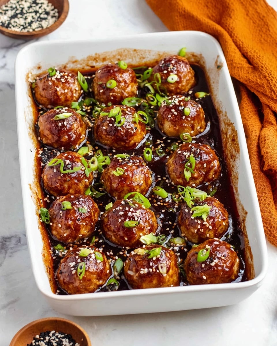 The image shows a white rectangular dish filled with 18 round golden-brown meatballs covered in a shiny dark brown sauce, arranged in rows. The meatballs are topped with small green onion slices and sprinkled with white sesame seeds. The dish is placed on a white marbled surface with a small bowl of black and white sesame seeds to the side and a corner of an orange cloth nearby. The sauce around the meatballs has a slightly sticky, glossy texture with a darker caramelized edge. Photo taken with an iphone --ar 4:5 --v 7