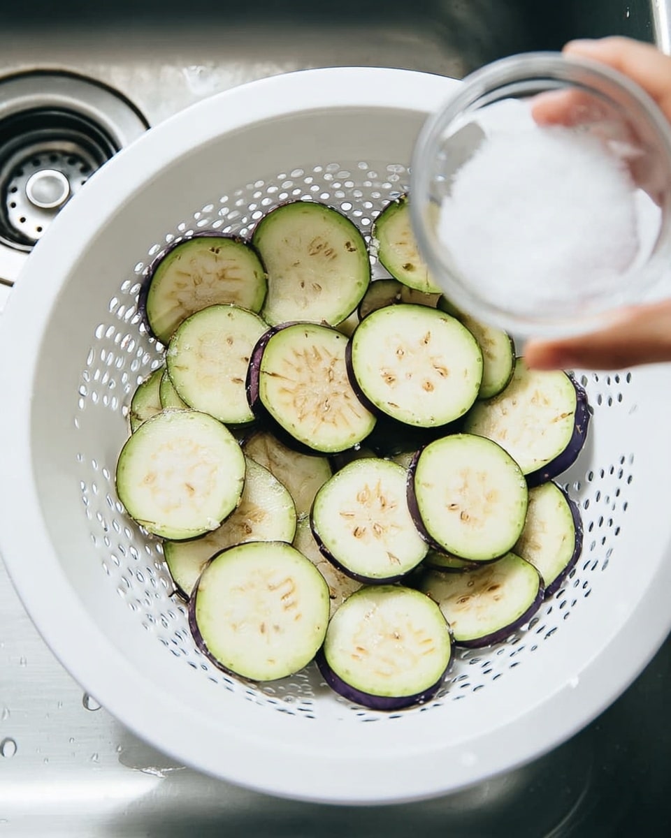 A white colander is filled with one layer of round, light green eggplant slices with dark purple edges, showing some tiny brown seeds inside. Above the colander, a woman's hand is holding a small clear bowl with a white powdery ingredient ready to be poured. The colander sits in a sink with a shiny silver metal surface partially visible. The photo is taken from above with even lighting, focused on the eggplant slices and the bowl. photo taken with an iphone --ar 4:5 --v 7