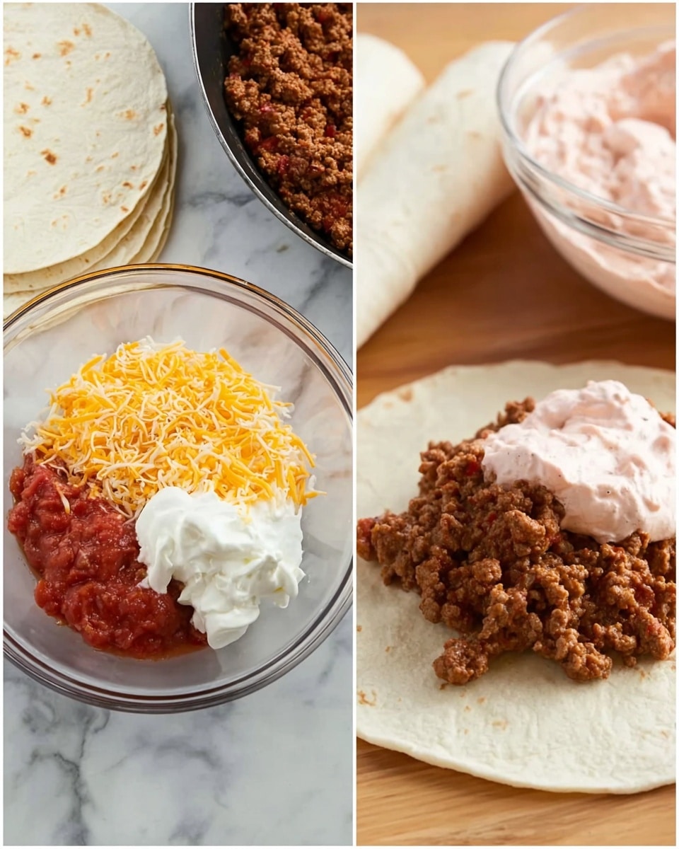 The image shows two side-by-side photos of taco ingredients preparation on a white marbled surface. On the left, a clear glass bowl holds four layers: shredded yellow cheddar cheese, bright red chunky salsa, white sour cream, and white cream cheese, all stacked but not mixed. Around the bowl are plain white soft tortillas, with a black pan of cooked seasoned ground meat partly visible at the top. On the right, a close-up shows a flattened white tortilla on the white marbled surface, topped with a spread of the creamy pink mixture from the left bowl, and a pile of cooked ground meat sitting on top. In the background, there is a folded white tortilla and a mixing bowl with some of the pink creamy spread inside. No hands are visible in either photo. Photo taken with an iphone --ar 4:5 --v 7