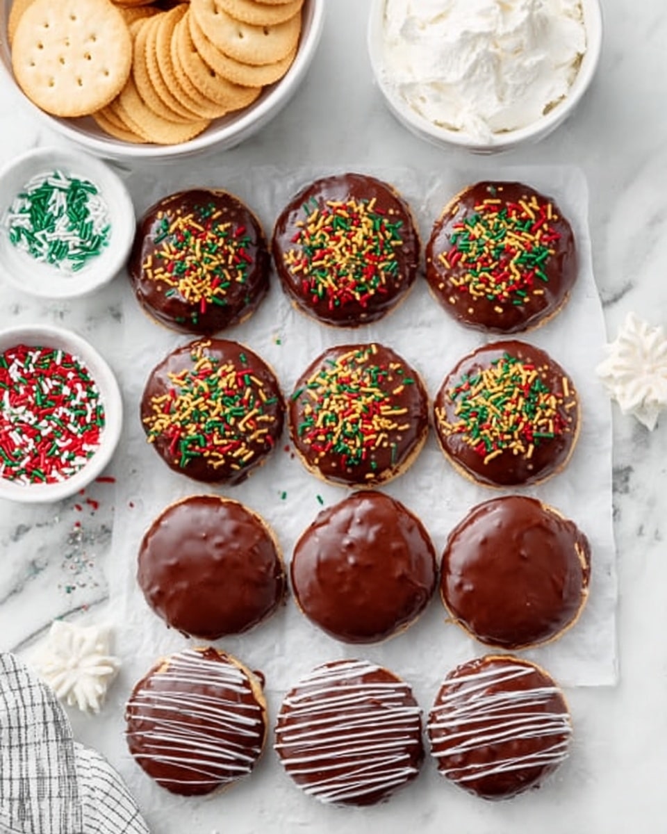 The image shows twelve round cookies arranged in three rows on a white marbled surface. The top two rows each have four cookies covered with smooth, shiny chocolate icing and topped with colorful red, yellow, and green sprinkles, creating a festive look. The bottom row has four cookies coated with a glossy chocolate layer drizzled with thin lines of white icing, adding texture and contrast. Above the cookies, there is a white bowl filled with round crackers, a white bowl with white frosting or cream, and a smaller white bowl containing red and green sprinkle decorations, suggesting the ingredients used. The overall scene is bright and clear, with a clean and simple style. Photo taken with an iphone --ar 4:5 --v 7