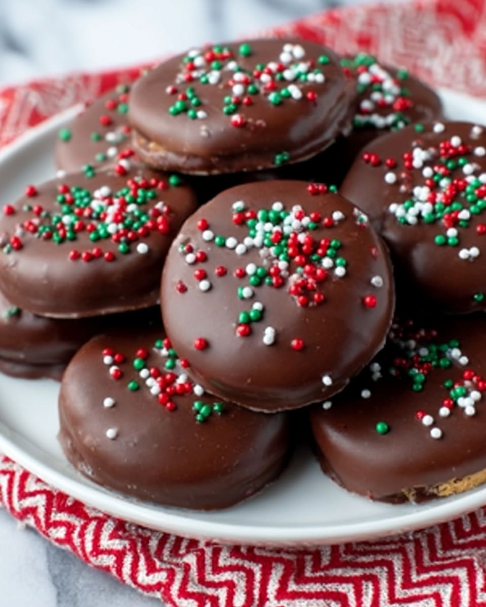 The image shows several round chocolate-covered treats on a white plate. Each treat has a smooth, shiny dark brown chocolate coating with small red, green, and white sprinkles scattered on top. The treats are arranged closely together, filling the plate. The plate is set on a surface with a white marbled texture and a red and white chevron patterned cloth can be seen at the edge. Photo taken with an iphone --ar 4:5 --v 7