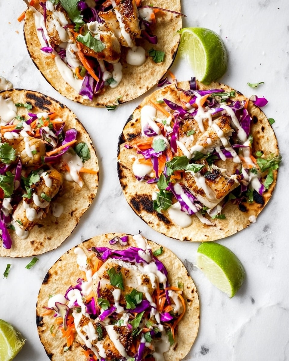 The image shows four grilled corn tortillas laid out on white marbled texture, each topped with pieces of golden brown grilled fish. On top of the fish, there is a layer of vibrant purple shredded cabbage, thin orange carrot strips, and small bits of green cilantro scattered. White creamy sauce is drizzled over the fish and vegetables, adding a light contrast. Lime wedges are placed near and on the tortillas, adding a fresh green pop. The edges of tortillas have slight char marks, showing a toasted texture. The image is bright and clean, with a casual, fresh look. Photo taken with an iphone --ar 4:5 --v 7