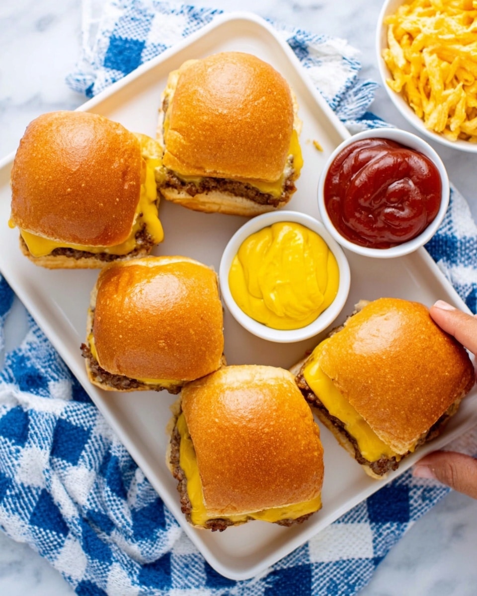 The image shows six small sandwiches arranged in two rows on a long white plate placed on a white marbled surface with a blue and white checkered cloth underneath. Each sandwich has a shiny, golden brown bun top with a visible layer of melted cheese and a light brown patty inside. In the center of the plate between the two rows of sandwiches, there are two small white bowls, one filled with bright yellow mustard and the other with dark red ketchup. The sandwiches have a soft, smooth texture on the buns and a slightly wrinkled cheese layer, with the overall look neat and inviting. A woman's hand is reaching from the top right side toward one sandwich. Photo taken with an iphone --ar 4:5 --v 7