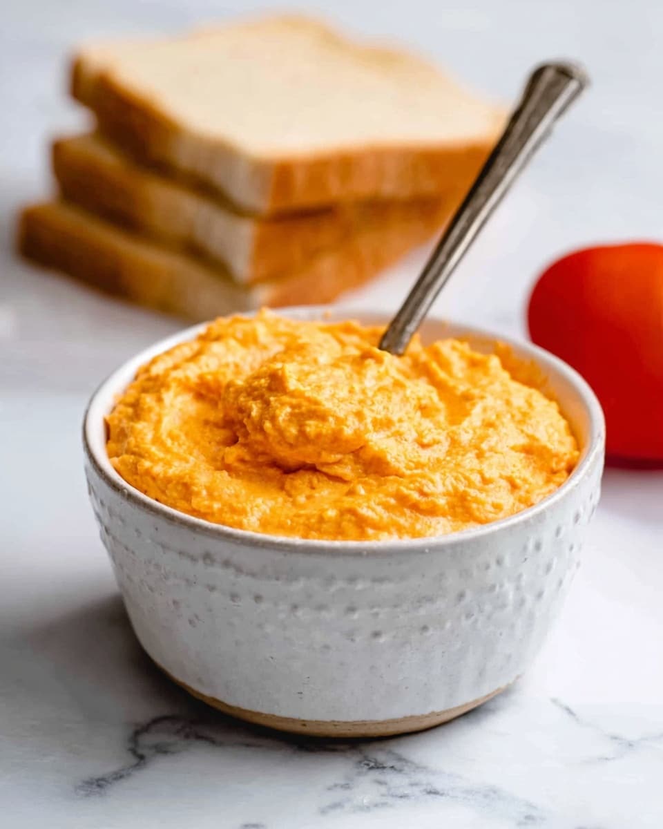 The image shows a white textured bowl filled with an orange, creamy spread that has a smooth yet slightly chunky surface with a spoon standing upright in the middle. The bowl is placed on a white marbled surface with a blurred stack of sliced bread and a red tomato in the background. The orange spread forms the main layer inside the bowl, looking rich and thick. Photo taken with an iphone --ar 4:5 --v 7