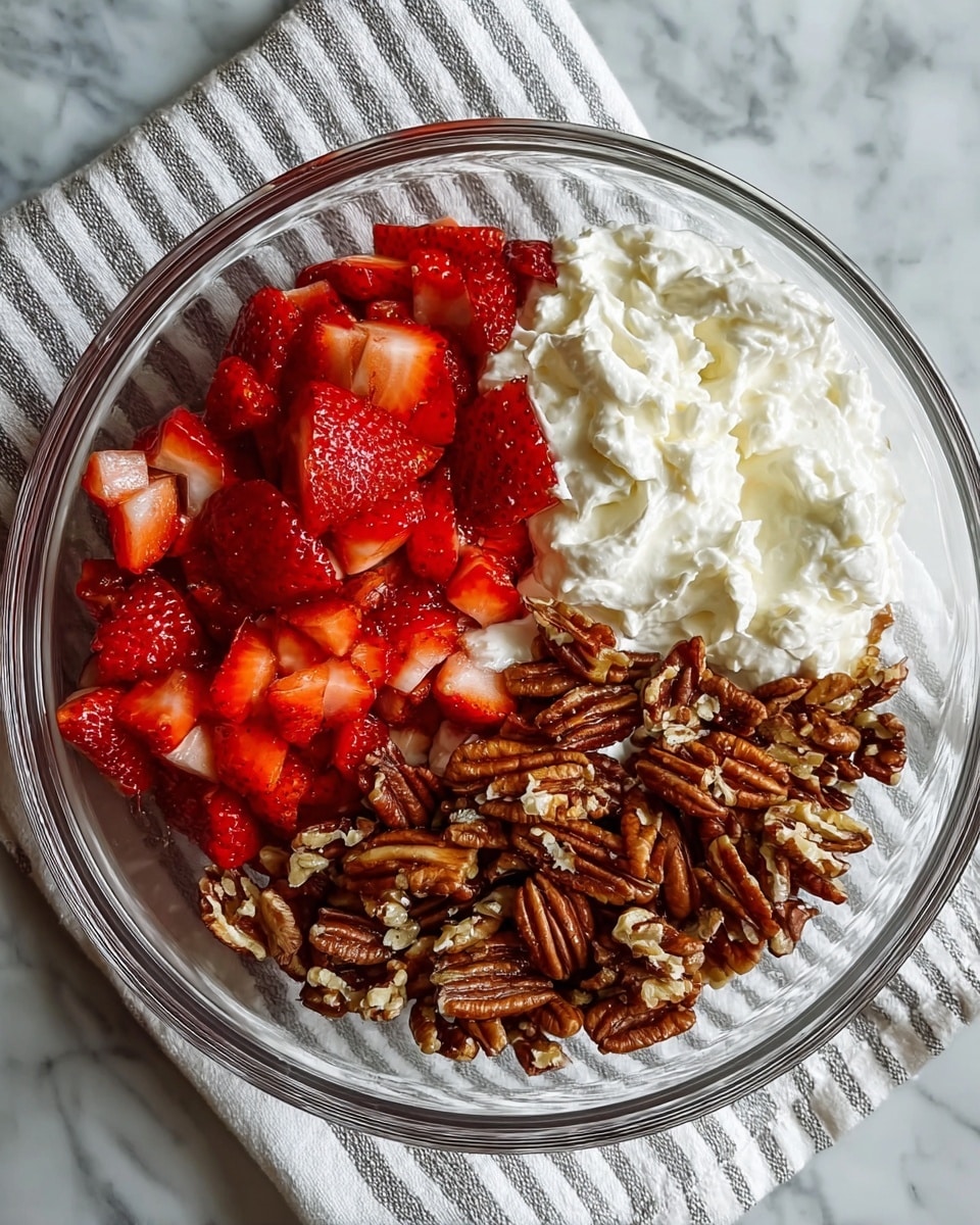 A clear glass bowl shows three main layers side by side: bright red chopped strawberries on the left with a juicy, fresh texture; a white creamy layer of whipped cream or soft cheese in the bottom center with a smooth and fluffy look; and a pile of shiny brown pecan nuts on the right side, with a crunchy and textured appearance. The bowl rests on a white and gray striped cloth placed on a white marbled surface. Photo taken with an iphone --ar 4:5 --v 7