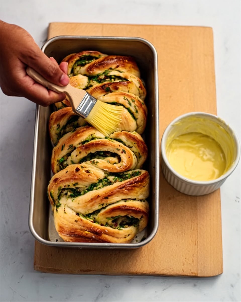 The image shows a loaf pan filled with twisted bread rolls. The bread is golden brown on the outside with visible layers of dough twisted together. Inside the twists, there are green herb pieces, likely spinach or parsley, spread between the layers. A woman's hand is holding a brush, applying a yellow glaze to the top of the bread. Next to the pan is a small white bowl filled with the glaze. The surface below is white marbled, and the scene is brightly lit. Photo taken with an iphone --ar 4:5 --v 7