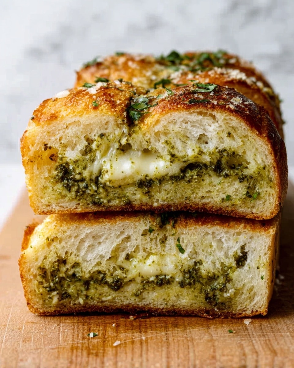 The image shows a close-up of two thick slices of savory bread placed side by side on a wooden surface. Each slice has three visible layers: the outer crust is golden brown and slightly crispy, the middle layer is a soft white bread with a fluffy texture, and the center layer is filled with a green pesto sauce and melted white cheese, which looks creamy and smooth. Some small green herbs are sprinkled on top of the bread crust. The background is a white marbled surface. Photo taken with an iphone --ar 4:5 --v 7