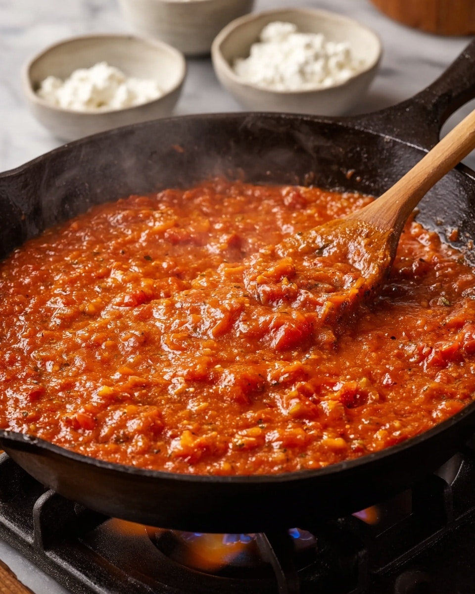 A black cast iron pan filled with a thick, chunky tomato sauce that has visible pieces of softened tomatoes and herbs mixed throughout. The sauce has an orange-red color with a slightly coarse texture, showing bits of cooked garlic or onion. A wooden spoon is inside the pan, slightly lifting a portion of the sauce, and steam rises gently from the surface. The pan is placed on a stove burner with a visible flame underneath. In the background, there are small white bowls filled with white powder and small white curd-like pieces placed on a white marbled surface. Photo taken with an iphone --ar 4:5 --v 7