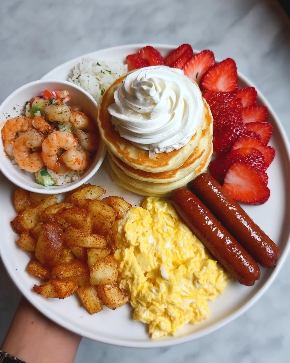 A white plate holds a stack of five golden-brown pancakes with a drizzle of syrup on top, crowned with a swirl of whipped cream and a single red strawberry. To the right of the pancakes, there is a serving of fluffy yellow scrambled eggs with a sprinkle of black pepper. Below the eggs, two browned and grilled sausages lie side by side. At the bottom left of the plate, there are golden-brown, cubed roasted potatoes mixed with small green herbs. The scene sits on a white marbled surface. Photo taken with an iphone --ar 4:5 --v 7