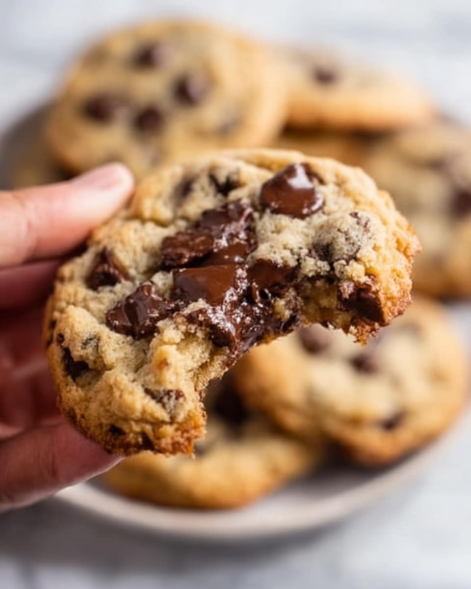A close-up of a bitten chocolate chip cookie held by a woman's hand, showing a soft, chewy texture with melted chocolate chips visible inside and on top. The cookie is light golden brown with rough, crumbly edges. In the blurred background, there are more cookies stacked on a white plate placed on a white marbled surface. photo taken with an iphone --ar 4:5 --v 7