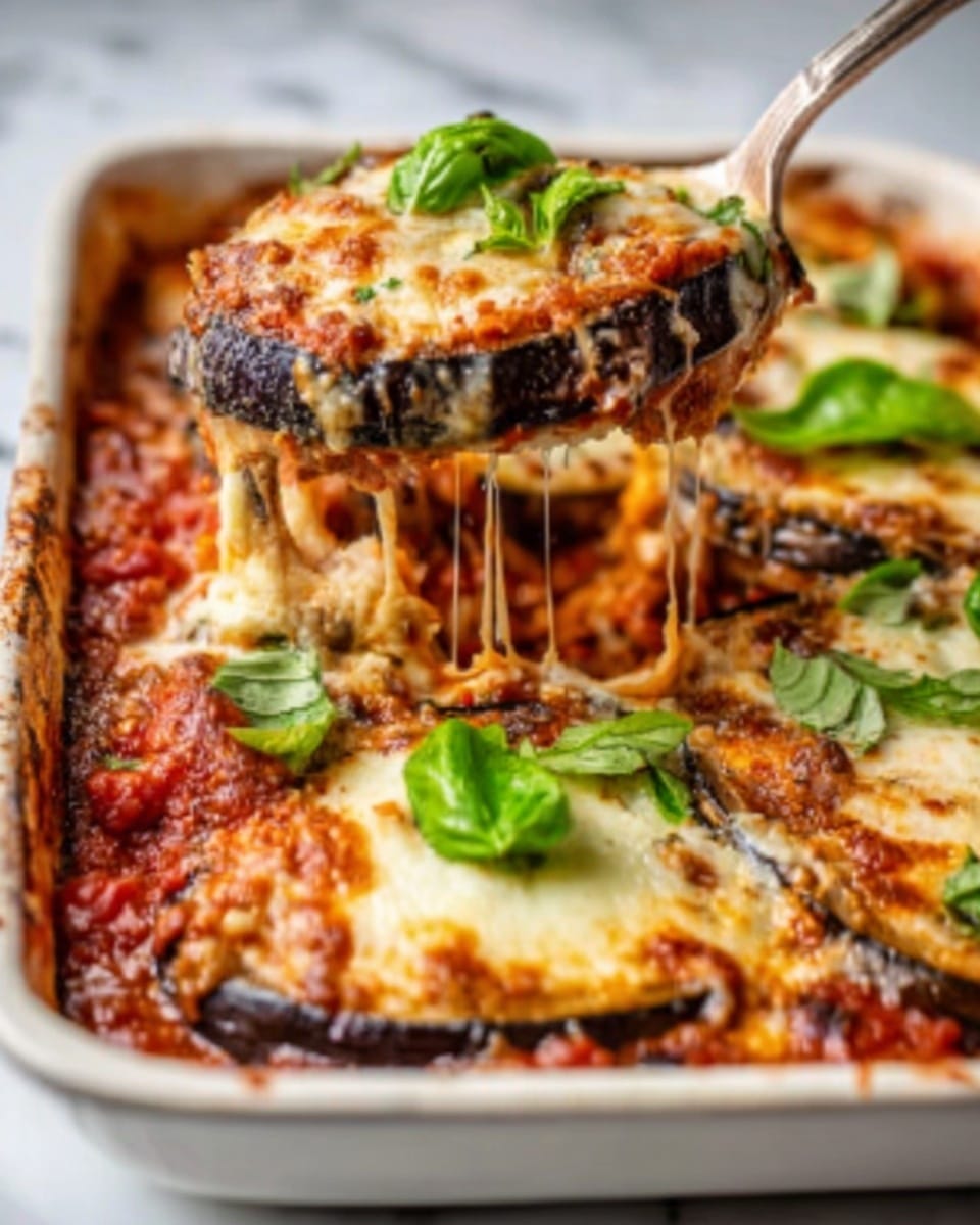 The image shows a white rectangular baking dish filled with layers of cooked sliced eggplant topped with melted cheese that stretches as a piece is lifted with a spoon. The dish has a chunky red tomato sauce base visible beneath the thick, soft purple eggplant slices. Fresh basil leaves are scattered on top, adding a bright green touch. The background surface is white marble, which contrasts with the warm colors of the food. The photo taken with an iphone --ar 4:5 --v 7