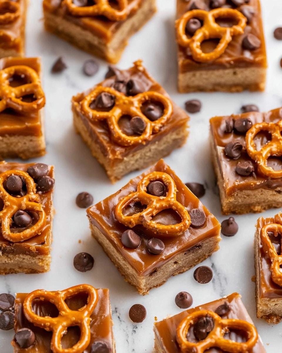 The image shows several square pieces of a dessert arranged closely on a white marbled surface. Each piece has three visible layers: a thick bottom layer that looks soft and cake-like with a light brown color, a shiny caramel layer in the middle that is smooth and glossy, and a top layer decorated with one salted pretzel and a few chocolate chips scattered around. The pretzels are light brown with a glossy texture and are evenly placed in the center of each square. The chocolate chips are dark brown and slightly melted, adding contrast against the caramel. Photo taken with an iphone --ar 4:5 --v 7