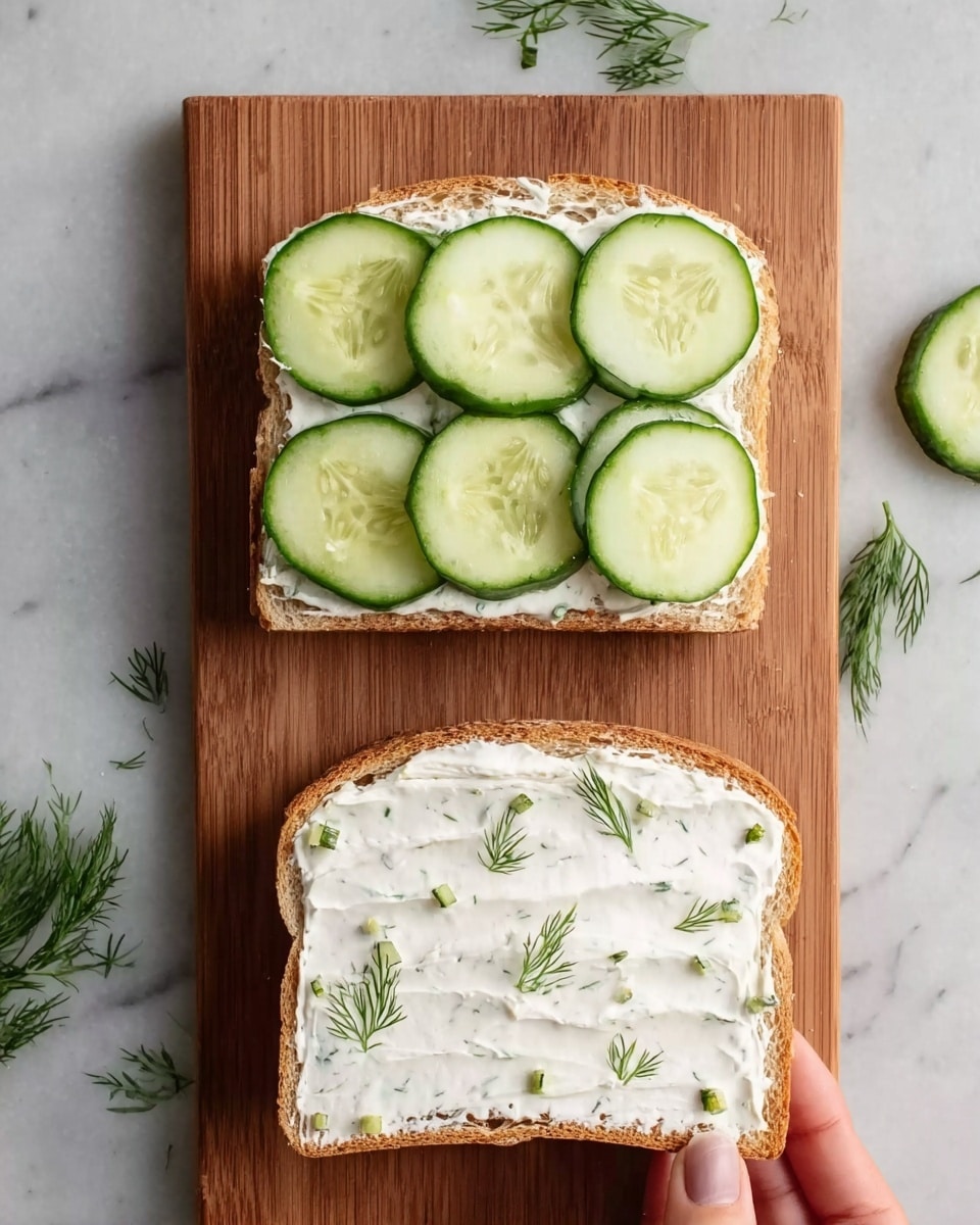 The image shows two slices of white bread on a wooden board. The top slice has a thick, even layer of white cream spread, covered with nine thin cucumber slices arranged in three rows of three. The bottom slice has a smooth layer of white cream with small green herbs mixed in. Some cucumber slices and green dill sprigs are scattered around the board. The surface underneath the board is white marbled. A woman's hand is holding one of the slices. photo taken with an iphone --ar 4:5 --v 7