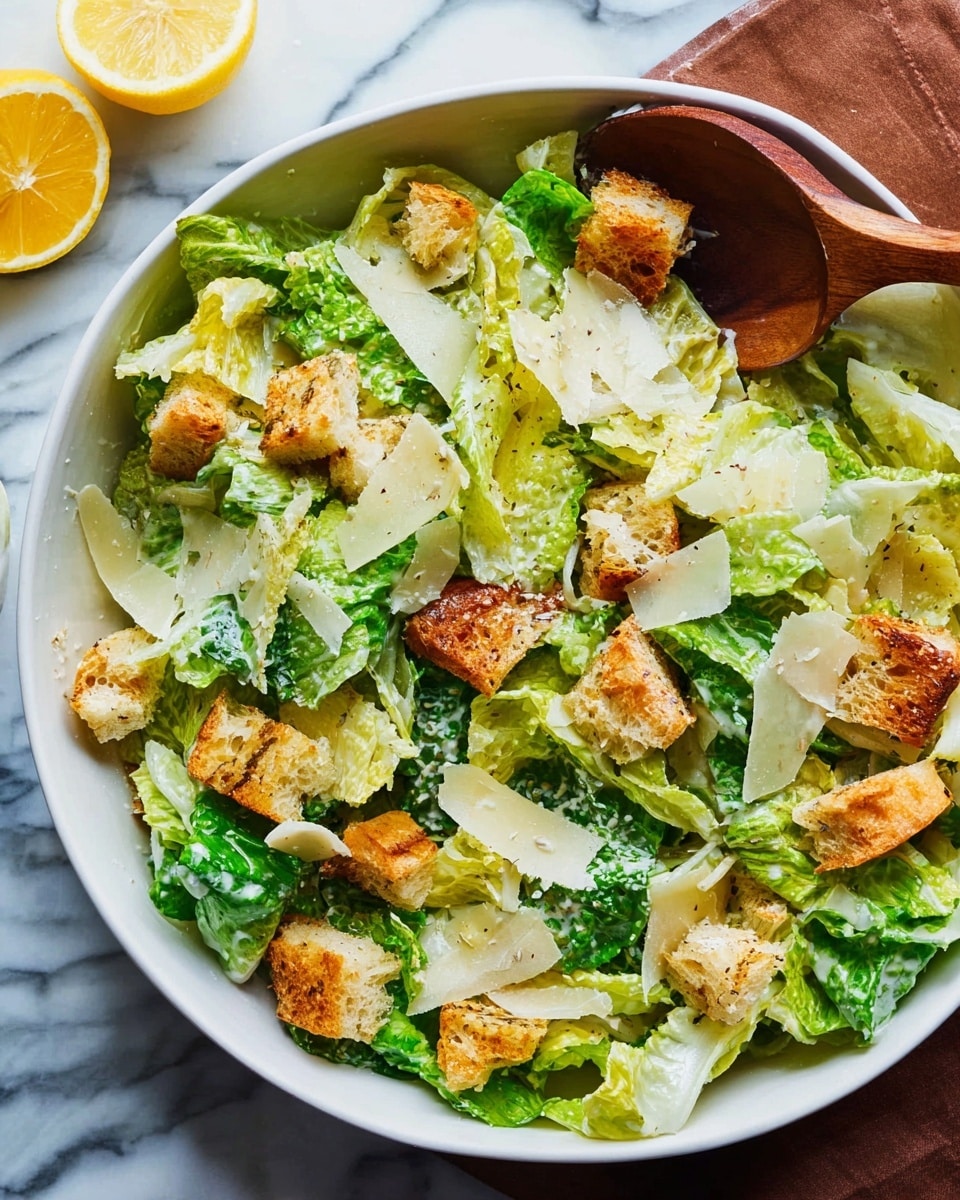 A close-up view of a wooden bowl filled with green lettuce leaves and golden crunchy croutons scattered on top. The lettuce is fresh with slightly wrinkled textures, and there are small white shreds of cheese sprinkled over the salad. A pair of wooden tongs is lifting a portion of salad, showing layers of bright green lettuce and crispy croutons coated lightly with dressing. The bowl is set on a white marbled surface, and in the blurred background, white plates are stacked. photo taken with an iphone --ar 4:5 --v 7