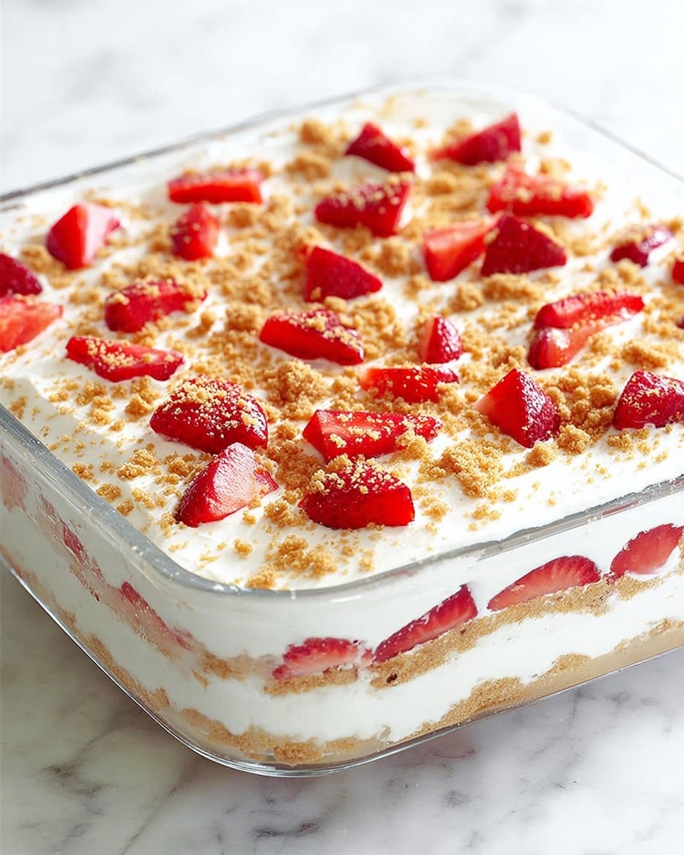 A clear glass square dish shows a layered dessert on a white marbled surface. The bottom layer is crushed, light brown crumbs pressed flat. Above that is a thick white creamy layer. Next, a layer of sliced strawberries adds bright red spots around the edges inside the dish. Then another thick white creamy layer fills most of the dish. The top layer is white cream sprinkled with small light brown crumb pieces and scattered bright red strawberry chunks. The dish is full and the layers are even and clear. Photo taken with an iphone --ar 4:5 --v 7