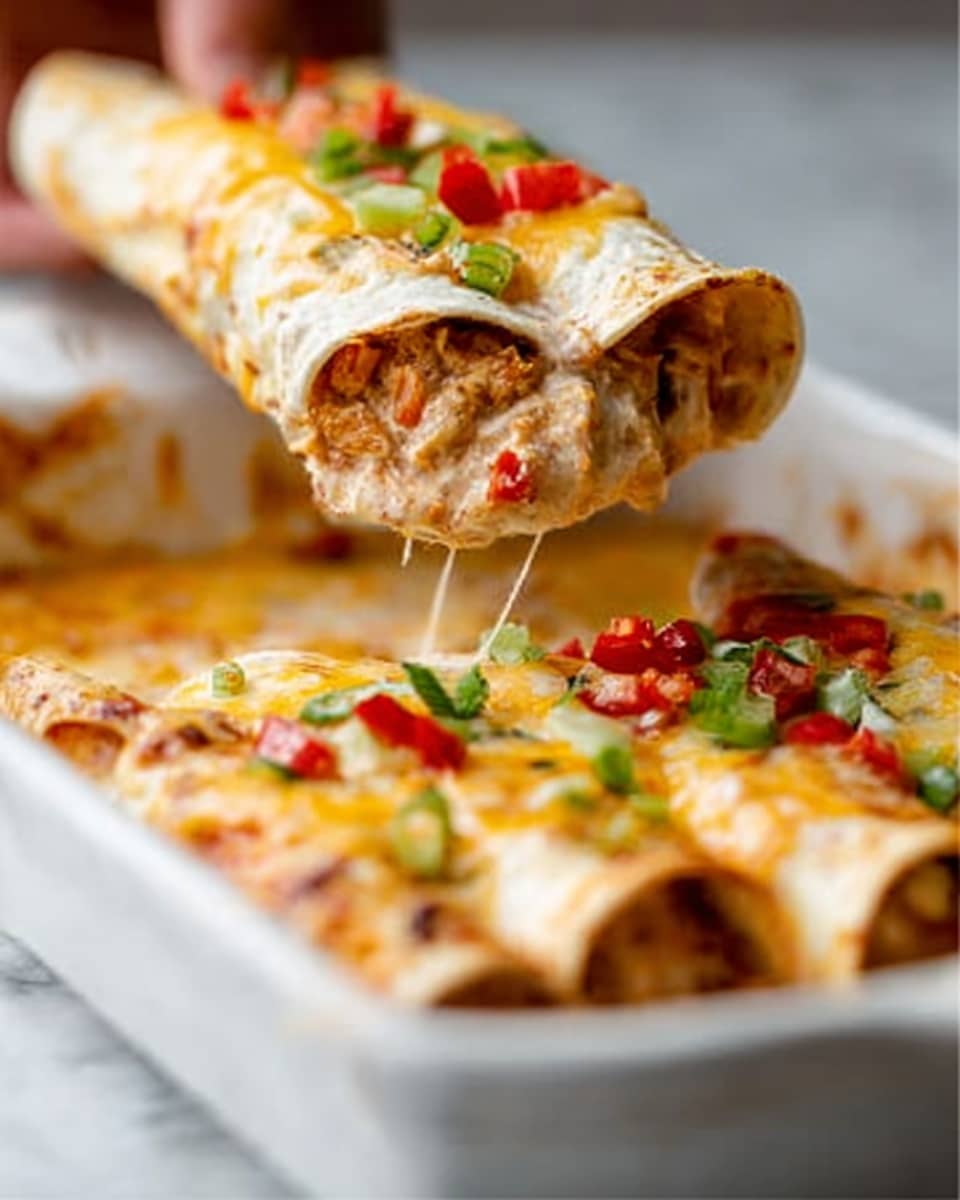 The image shows a close-up of two enchiladas being lifted by a woman's hand above a white baking dish. Each enchilada is rolled tightly with a filling that looks creamy and seasoned with bits of red and green peppers. The top of the enchiladas is covered with melted yellow cheese, sprinkled with chopped green onions and small red chili pieces. In the white baking dish below, more enchiladas are visible, baked with melted cheese on top. The background features a white marbled texture. photo taken with an iphone --ar 4:5 --v 7