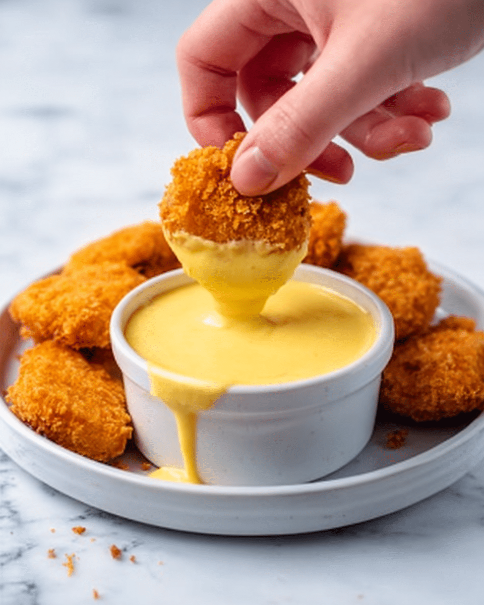 A woman's hand is dipping a golden, crispy nugget into a small white bowl filled with smooth, creamy yellow sauce. The bowl sits on a white plate, with more crispy nuggets scattered around it. The background is a white marbled surface, giving a clean and bright look. The sauce has a thick texture, slightly dripping down the side of the bowl. Photo taken with an iphone --ar 4:5 --v 7