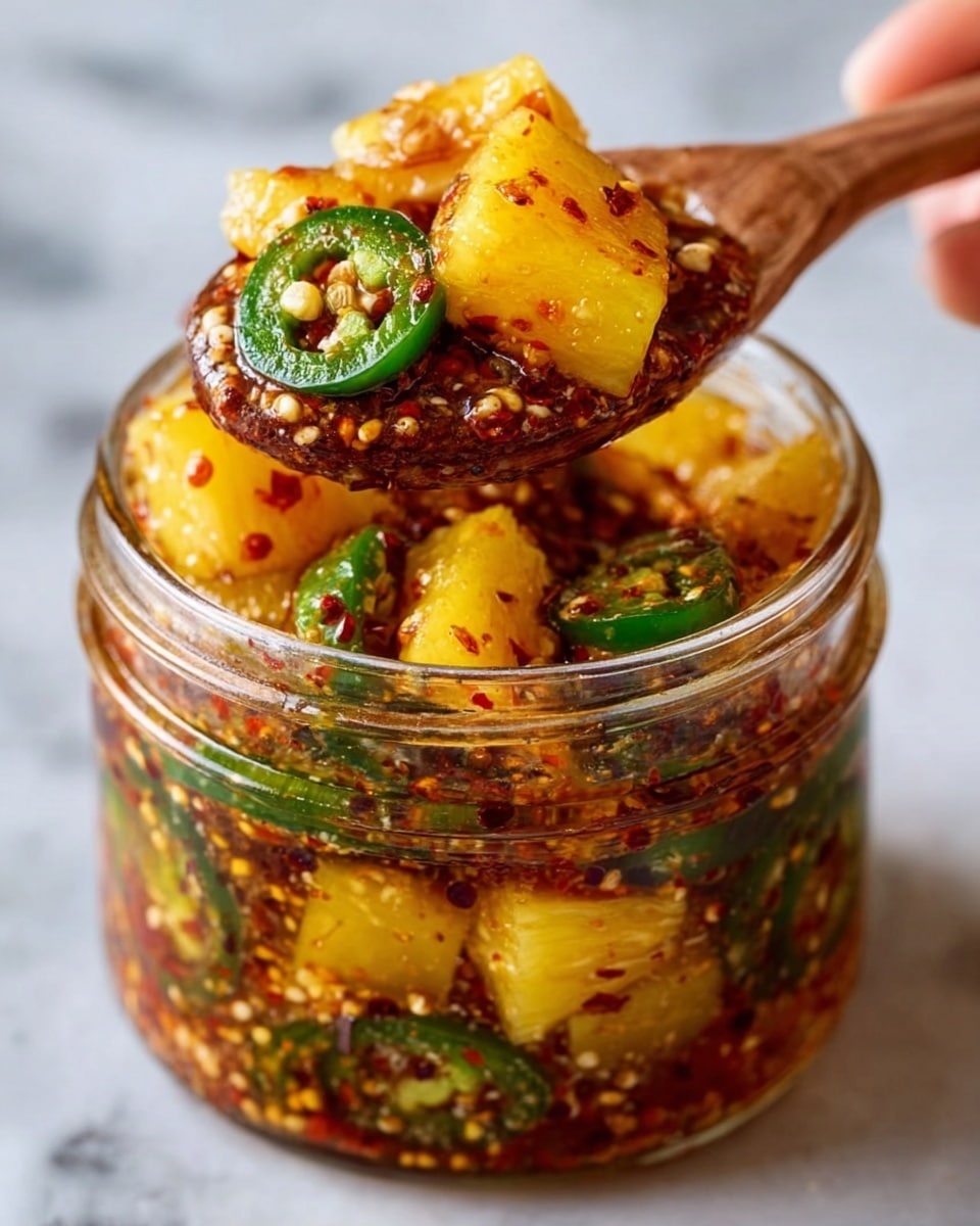 A clear glass jar filled with a spicy mix of yellow pineapple chunks and green jalapeño slices, both layers coated in a shiny, red chili oil with visible mustard seeds and chili flakes. A wooden spoon is scooping some of the mixture from the jar, held by a woman's hand. The background surface is a white marbled texture. Photo taken with an iphone --ar 4:5 --v 7