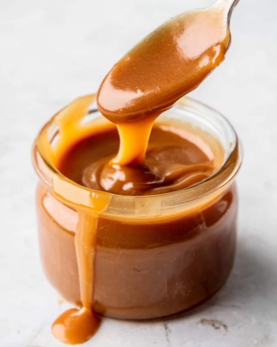 The image shows a close-up of a clear glass jar filled with smooth, shiny caramel sauce. A silver spoon is dipped in the jar, lifted above it, holding a thick, rich caramel that drips slowly back into the jar. The caramel is light brown with a glossy texture, looking creamy and silky. The jar sits on a white marbled surface with soft natural light highlighting the warm color and smoothness of the caramel. The background is softly blurred, focusing all attention on the jar and spoon. photo taken with an iphone --ar 4:5 --v 7