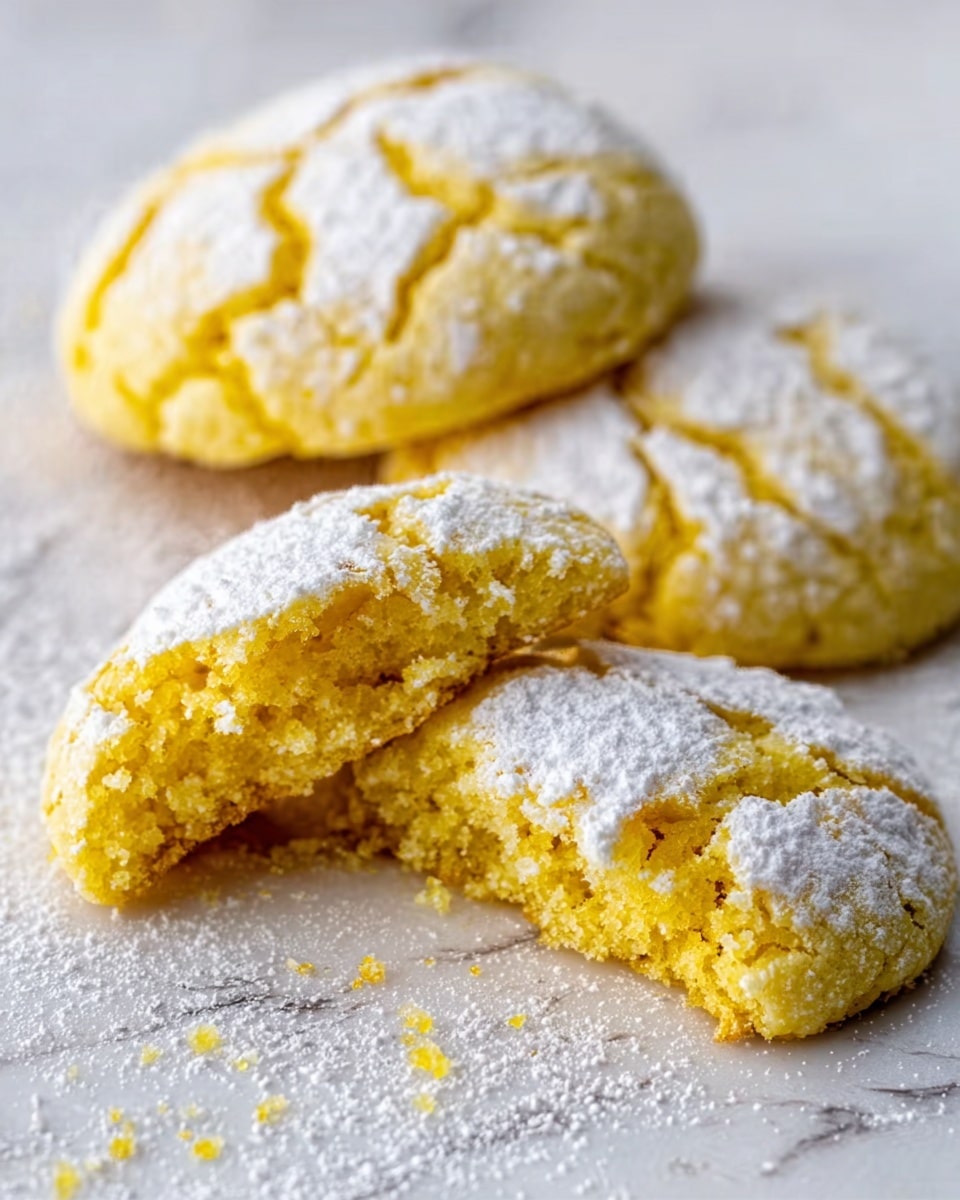 The image shows a group of soft, round lemon cookies with a cracked surface dusted heavily with white powdered sugar. The cookies have a light yellow color and are stacked close together on a white marbled surface. Around the cookies, there are small slices and wedges of fresh lemon that add bright yellow contrast. The cookies look chewy and slightly shiny with uneven white sugar patches on top, giving a textured look. photo taken with an iphone --ar 4:5 --v 7