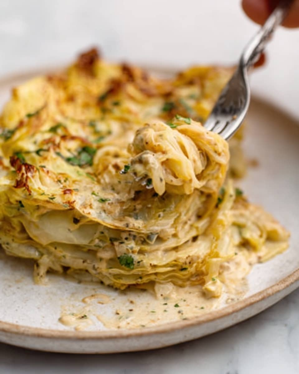 The image shows a close-up view of creamy pasta on a white plate, placed on a white marbled surface. The pasta is layered thickly with a smooth, light yellow sauce mixed with specks of herbs and small bits of chicken. A woman's hand is holding a silver fork that twirls some pasta, showing the soft, cheesy texture of the dish. The plate edges are slightly blurred, focusing on the textured sauce and pasta strands in the center. The overall look is warm and inviting, with hints of green herbs adding color contrast. photo taken with an iphone --ar 4:5 --v 7