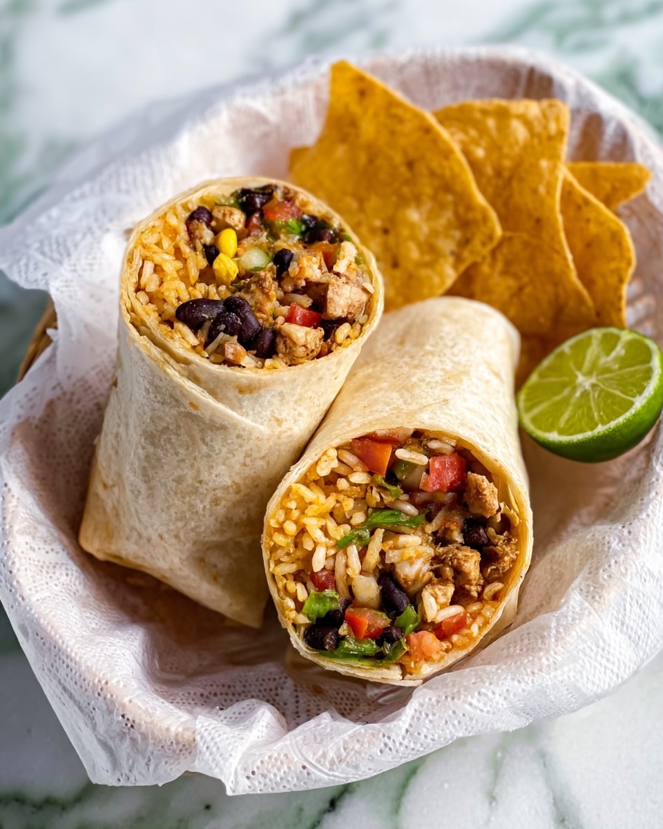 A white paper-lined basket holds a large, tightly wrapped burrito with a light brown, soft tortilla. Around it are two halves of a cut burrito showing layers of yellow rice, dark beans, chunks of brown cooked meat, and small pieces of red tomato. There is a crispy light golden chip on the side along with a wedge of green lime. The background and surface are white marbled. photo taken with an iphone --ar 4:5 --v 7