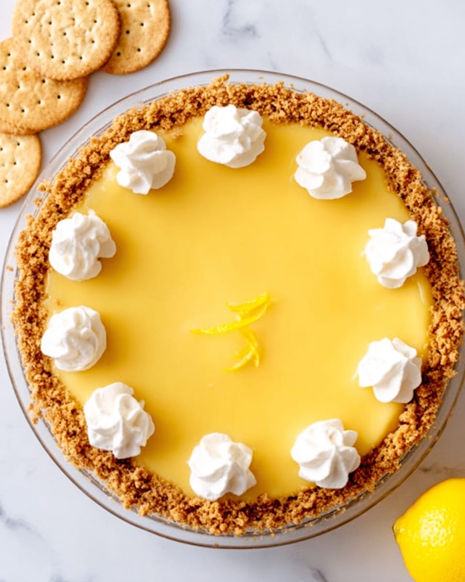 The image shows a lemon pie in a clear glass bowl with a crumbly nut crust around the edge. The pie filling is smooth and bright yellow, covering the whole surface evenly. There are eight small dollops of white whipped cream spaced evenly around the top edge. The bowl is placed on a white marbled surface, next to some light tan crackers and a yellow lemon partly visible at the top right. The overall look is clean and fresh, with soft natural lighting. photo taken with an iphone --ar 4:5 --v 7