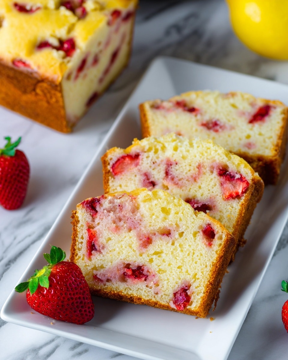 The image shows three thick slices of strawberry cake on a white square plate. The cake has a light golden crust and a soft, pale yellow inside filled with small red strawberry pieces spread evenly throughout each slice. One whole bright red strawberry with green leaves sits next to the cake on the plate. At the top left corner, a larger piece of the same strawberry cake is visible, showing the golden top with embedded strawberry pieces. The background is a white marbled surface, with a bright yellow lemon partly visible in the top right corner. photo taken with an iphone --ar 4:5 --v 7
