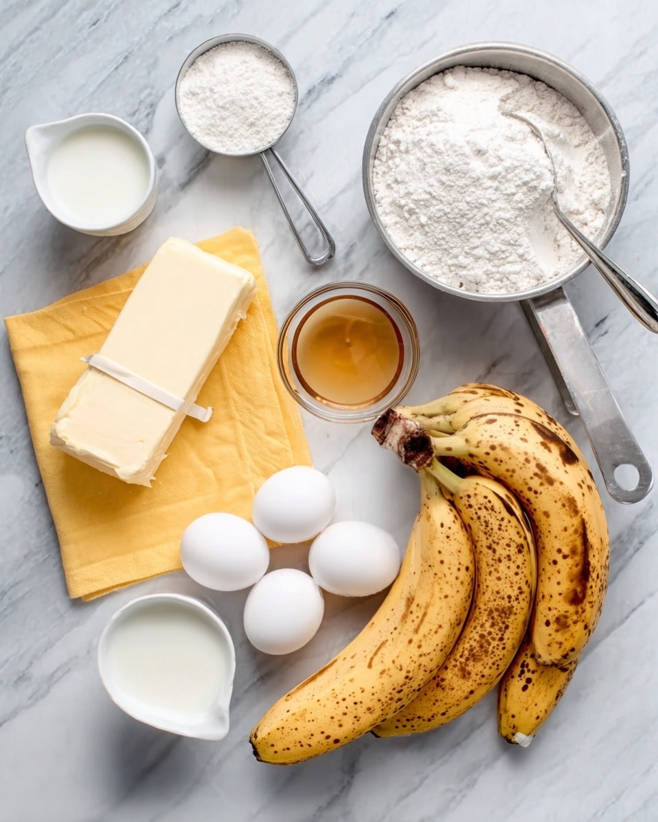 The image shows a white marbled surface with baking ingredients arranged neatly. There are three brown-spotted bananas on the right side, next to a metal cup filled with white flour. Near the bananas, there is a small glass bowl with light brown liquid, possibly honey or syrup. Three white eggs are placed on a yellow cloth on the left, close to a rectangular stick of butter wrapped in paper. Two small white cups contain white sugar and milk. There is also a silver measuring cup with more flour at the top left corner. The setup is clean and organized. Photo taken with an iphone --ar 4:5 --v 7