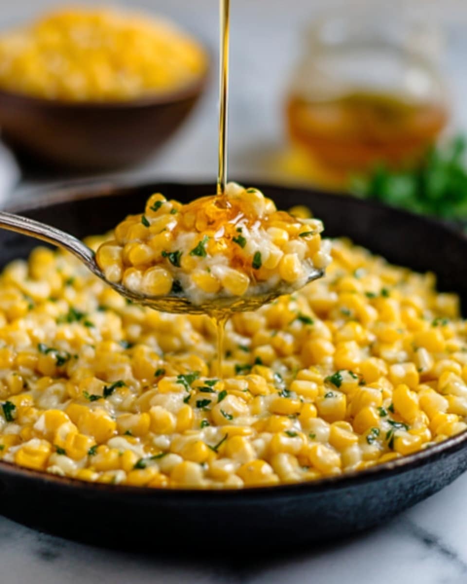 The image shows a close-up of a black pan filled with creamy yellow corn kernels topped with small green herb pieces, likely parsley. A silver spoon holding a scoop of the creamy corn mixture is lifted above the pan, and a golden liquid is being poured over the corn from above. In the background, blurred items include more corn in a black bowl and some green herbs on a white marbled surface. photo taken with an iphone --ar 4:5 --v 7