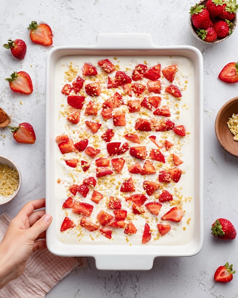The image shows a white rectangular dish filled with a creamy white dessert topped with chopped red strawberries evenly spread on the surface. The dessert has a smooth texture with small golden crumbs sprinkled in between the strawberries, adding contrast to the top layer. The dish is placed on a white marbled surface, with a few whole strawberries and small bowls of ingredients visible around it. A woman's hand is reaching towards the dish from the left side. Photo taken with an iphone --ar 4:5 --v 7