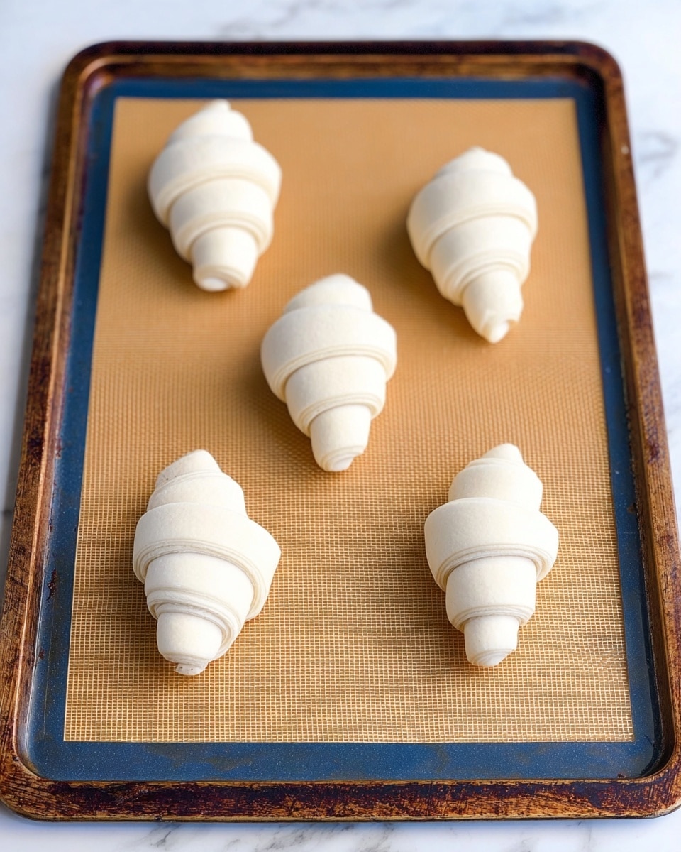 The image shows five uncooked croissants placed evenly on a rectangular baking tray lined with a tan silicone mat. Each croissant is rolled tightly with smooth, white dough, shaped into a spiral with three to four visible layers. The tray has a dark, slightly worn frame with a blue-gray inner edge surrounding the mat. The background surface is white marbled. photo taken with an iphone --ar 4:5 --v 7