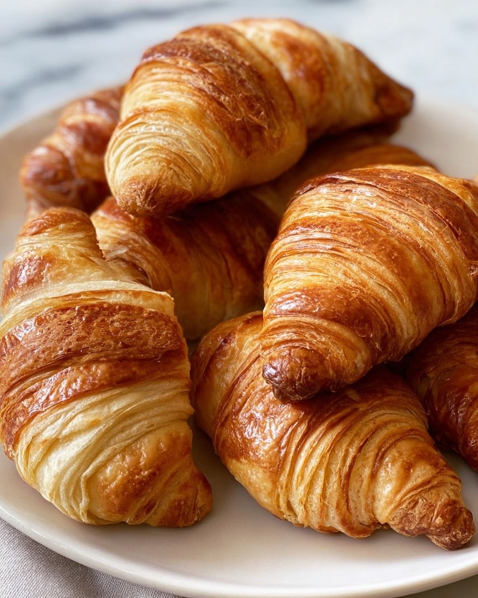 A white plate sits on a white marbled surface, filled with seven golden-brown croissants. Each croissant shows many thin, crispy layers with a slightly shiny surface from baking, and the ends curl inward. The croissants vary in size, with some positioned closer to the camera showing detailed flaky textures, while others sit stacked towards the back of the plate. The overall color ranges from light golden on the edges to deeper brown on the tops, highlighting the crispiness and soft inside. photo taken with an iphone --ar 4:5 --v 7