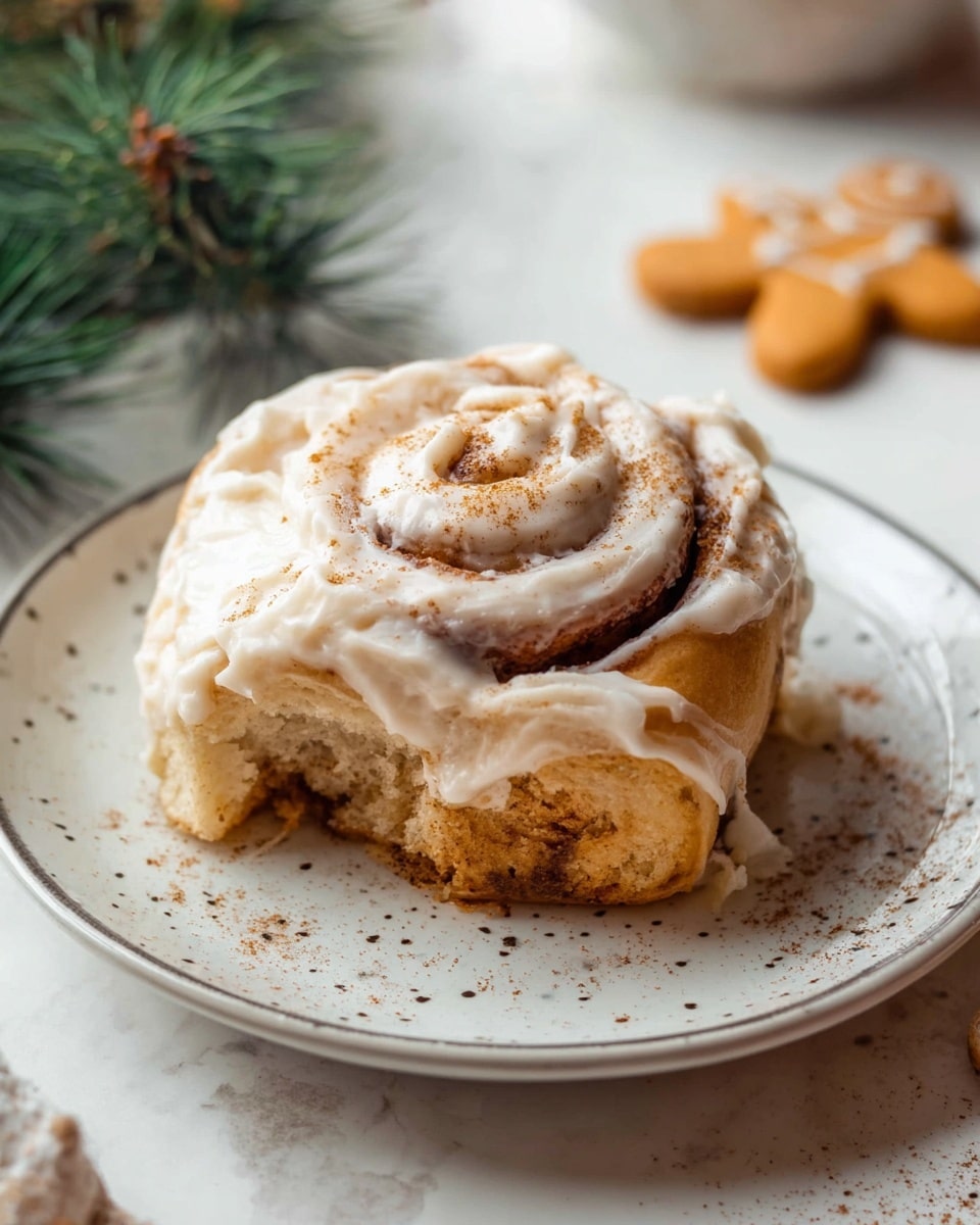 A close-up view of a cinnamon roll with three visible spiral layers of soft, golden-brown dough. The top layer is thickly covered with a creamy white icing that looks smooth and slightly glossy, sprinkled with fine specks of cinnamon powder. The cinnamon roll sits on a white ceramic plate with small black dots and a gentle wavy rim. In the blurred background on a white marbled surface, there are small brown shaped cookies and a green pine branch. Photo taken with an iphone --ar 4:5 --v 7