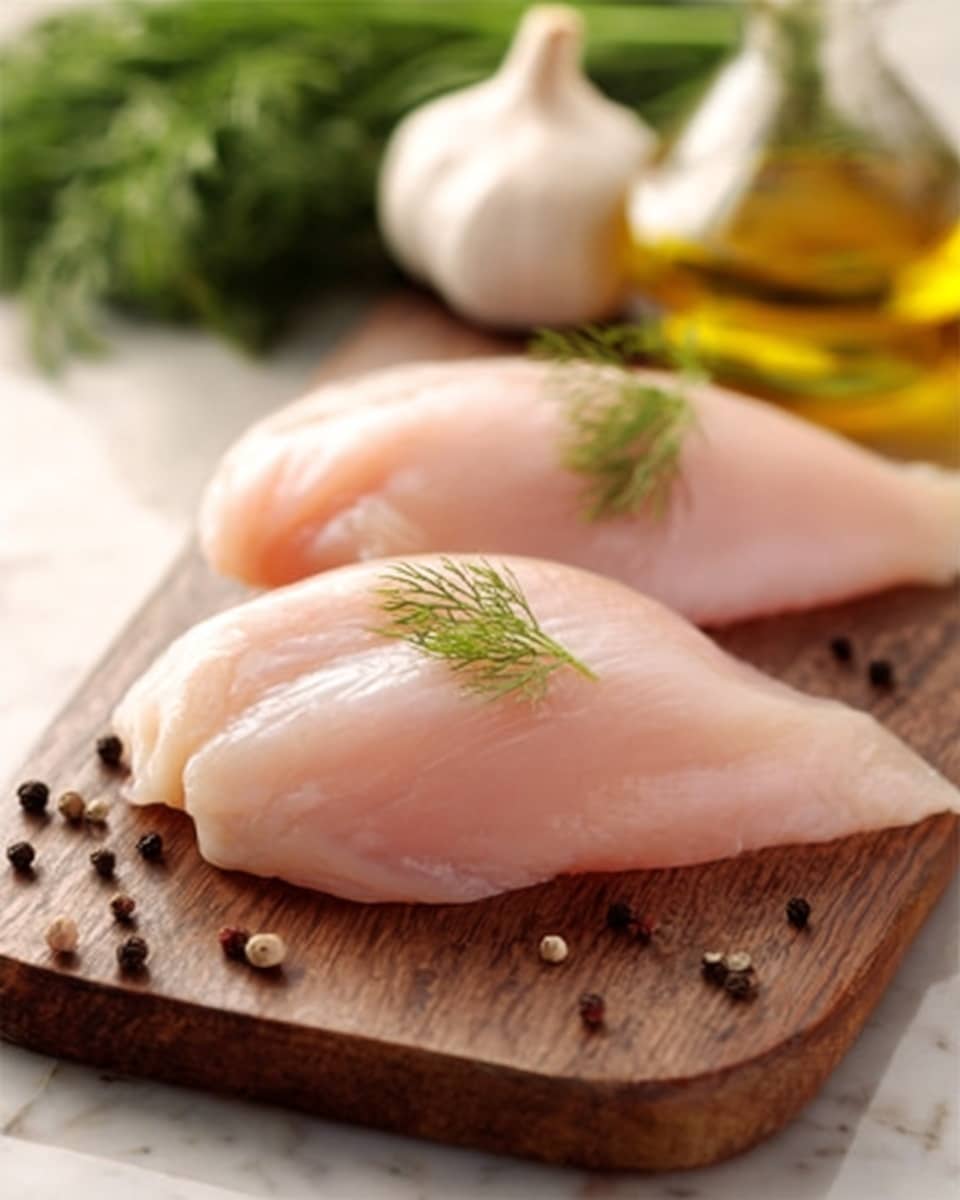 Two raw chicken pieces with light pink smooth skin lie on a brown wooden board. Small green sprigs of dill rest on top of each piece, with black peppercorns scattered around. In the blurred white marbled background, a garlic bulb and a bottle of yellow oil can be seen. photo taken with an iphone --ar 4:5 --v 7