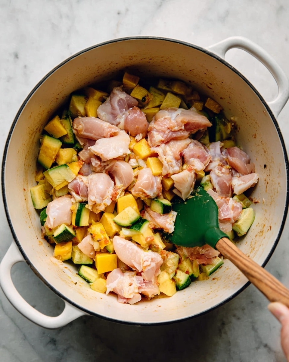 A white pot filled with diced yellow squash and green vegetables at the bottom, topped with raw pieces of pale pink chicken, some with skin visible. A woman's hand is holding a green spatula stirring the ingredients. The pot is placed on a white marbled surface. The colors are warm with soft natural light reflecting on the ingredients and pot. photo taken with an iphone --ar 4:5 --v 7