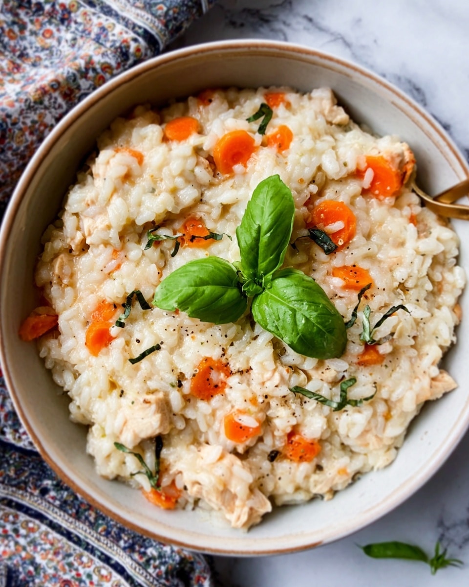 A close-up view of a white bowl filled with creamy risotto, showing small round orange carrot slices mixed evenly throughout. The risotto has a soft, creamy texture with visible grains of rice and small chunks of chicken. A few fresh green basil leaves sit on top, adding a pop of color. The bowl is placed on a white marbled surface with a patterned cloth nearby. Photo taken with an iphone --ar 4:5 --v 7