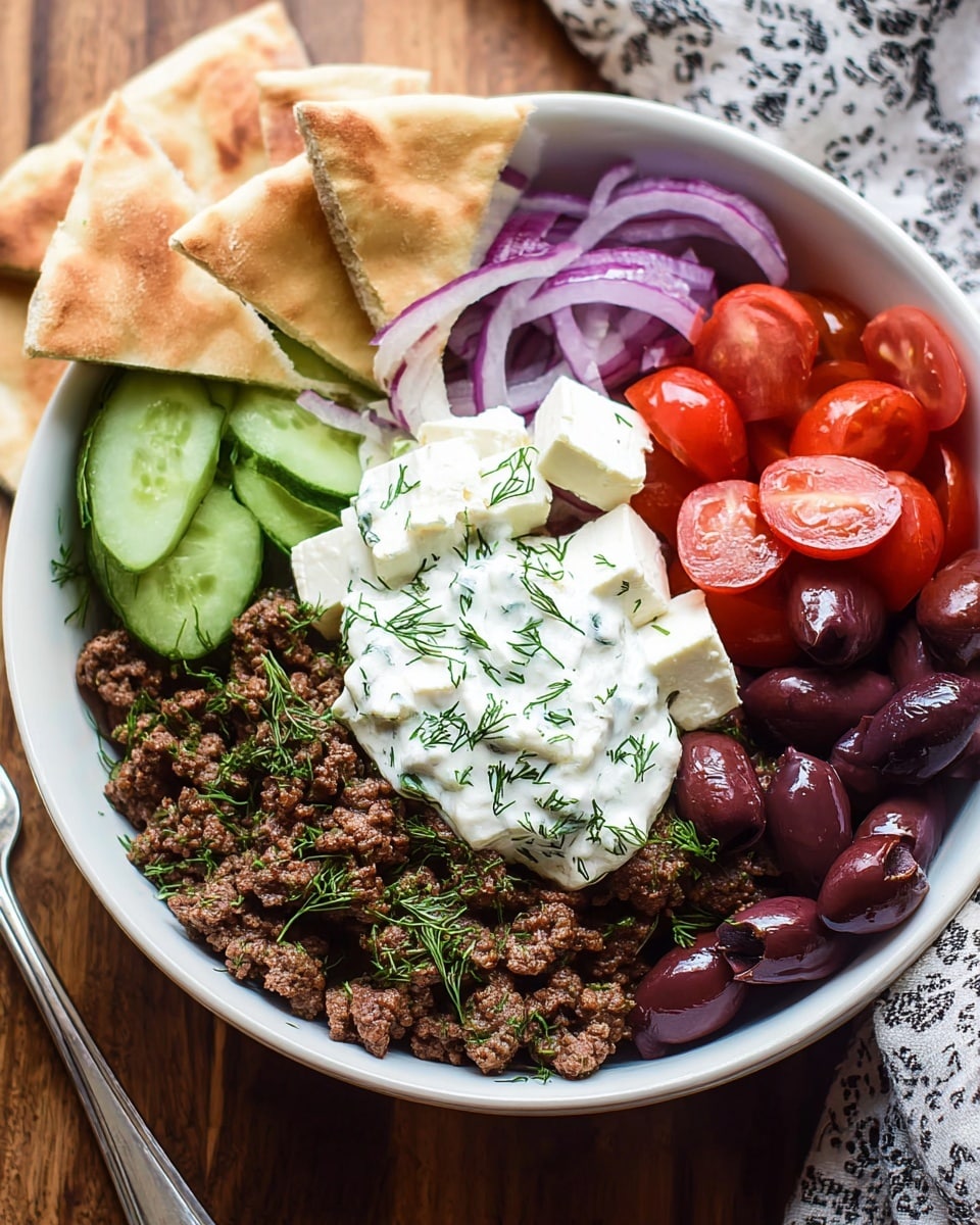 A white bowl sits on a wood surface with a white marbled texture in the background, filled with layers of food arranged neatly. The bottom layer has cooked brown minced meat with small green herb sprinkles. To the right, there are white cubes of feta cheese with herbs on top. Above the meat is a dollop of creamy white sauce with green herbs sprinkled over it. To the right of the sauce, halved red cherry tomatoes are grouped together. Next to the tomatoes, dark purple olives with herb specks fill the space. At the top left, sliced green cucumbers form a semi-circle beside thin strips of purple onion. On the left side, triangular pieces of pita bread lean against the bowl’s edge. A silver fork handle is visible at the bottom left of the image. Photo taken with an iphone --ar 4:5 --v 7